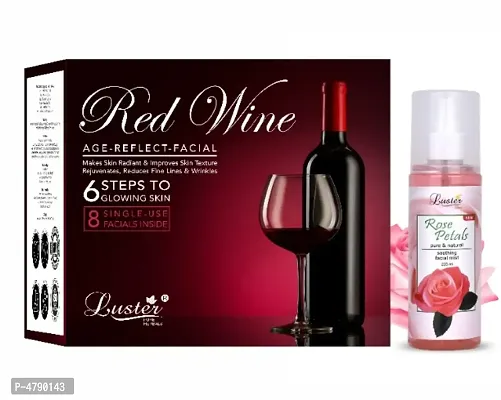 Luster Wine Facial Kit and Rose Water | 8 Single Use Facials Inside | Wine Facial | For Glowing Skin and Deep Cleansing | Skin Brightening and Instant Glow | Facial Kit For Women and Men | ParabenandSulfate Fre-thumb0