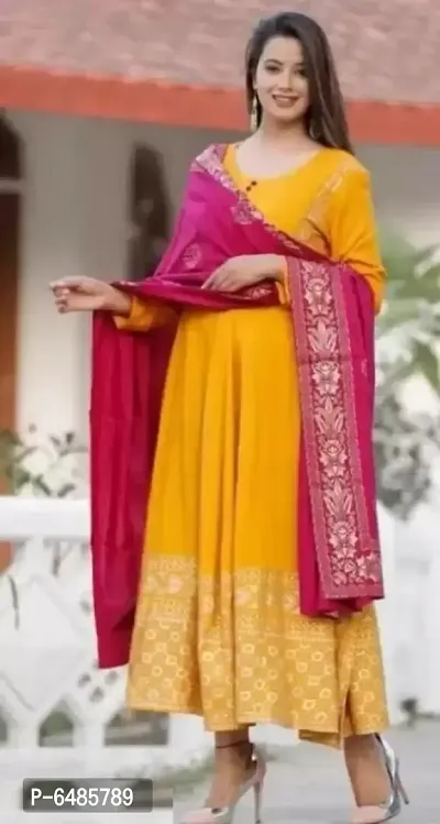 Stylish Rayon Printed Yellow 3/4 Sleeves Round Neck Kurta With Dupatta Set For Women