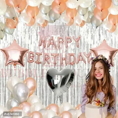 Trendy 1 Pack Happy Birthday Foil (Rose Gold)+ 2 Pcs Fringe Foil Curtain (Silver)+ 2 Pcs Star Foil (Rose Gold) + 1Pc Heart Foil (Silver) + 1Pc Glue Dot  Pack Of 60 Hd Metallic Ballo-thumb0