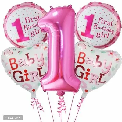 Fancy Solid Set Of 5 Balloons Of Baby Girl 1St First Happy Birthday Balloon Item Set-thumb0