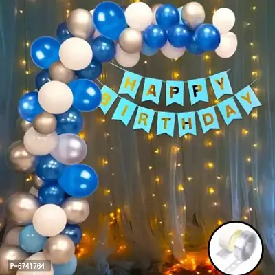 Fancy Solid Happy Birthday Decoration Kit Combo -54Pcs Blue Banner Balloon With Led Light Birthday Decorations Items Set-thumb0