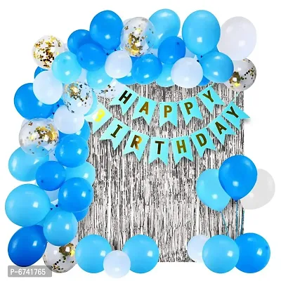 Fancy Birthday Decorations Kit For Boys - 42Pcs Combo Sets - Blue Happy Birthday Banner Silver Foil Curtain Metallic Confetti Balloons-thumb0