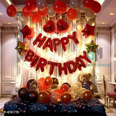 Happy Birthday Decoration Kit Combo - 85Pcs, Red With 3Pcs Golden Foil Curtain,60 Pcs Metallic Balloons, 6 Star Heart Shape Balloons,1 Fairy Light-thumb0