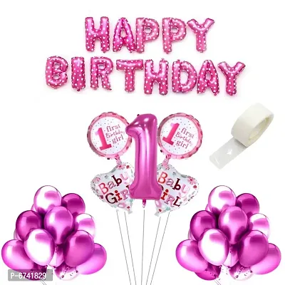 Happy Birthday , 1St Birthday Foil Balloon Metallic Balloon Pink With Glue Dot For 1St Birthday Girl Theme Decor Pack Of 69 Piece-thumb0