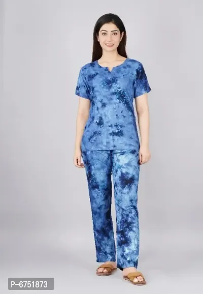 Rayon Blue Floral Print Half Sleeves Night Suit For Women-thumb0