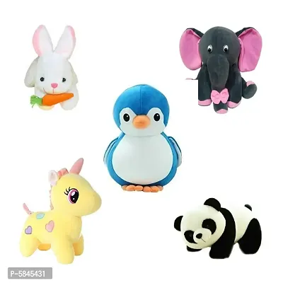 Soft Toys For Kids( Pack Of 5, Unicorn, Panda, Rabbit With Carrot, Penguin, Grey Baby Elephant)