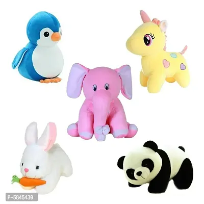 Soft Toys For Kids( Pack Of 5, Unicorn, Panda, Rabbit With Carrot, Penguin, Pink Baby Elephant)