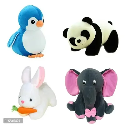 Soft Toys For Kids( Pack Of 4, Penguin, Panda, Rabbit With Carrot, Grey Baby Elephant)