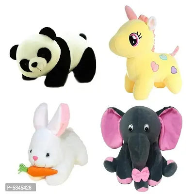 Soft Toys For Kids( Pack Of 4, Panda, Unicorn, Rabbit With Carrot, Grey Baby Elephant)