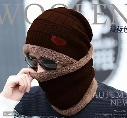 Elite Maroon Woolen Solid Cap With Face Cover/ Balaclava Cap-thumb2