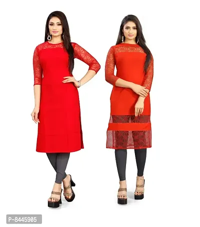 Stylish Red American Crepe And Rassal Net A-Line Kurta For Women- Pack Of 2