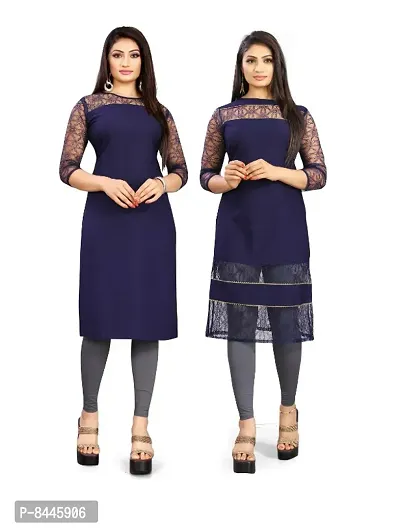 Stylish Navy Blue American Crepe And Rassal Net A-Line Kurta For Women- Pack Of 2