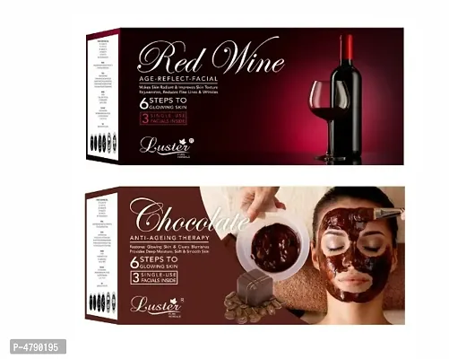 Luster Wine Facial Kit and Chocolate Facial kit | 3 Single Use Facials Inside | Skin Brightening and Instant Glow | Facial Kit For Women and Men | All Skin Types | Paraben and Sulfate Free 120g each-thumb0
