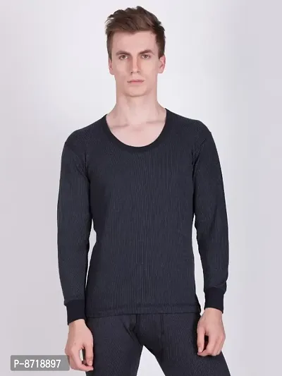 Stylish Black Cotton Blend Solid Round Neck Thermal Tops For Men