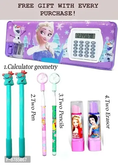 Cute And Fancy Calculator Geometry Box / Pencil Box With 2 Fancy Pens , 2 Fancy Pencils And 2 Fancy Eraser Set For Kids