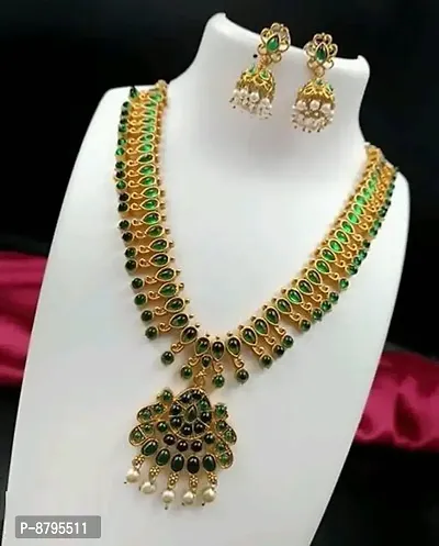 Stylish Fancy Pushpak Green Kempu Stone Chain Necklace Set For Women