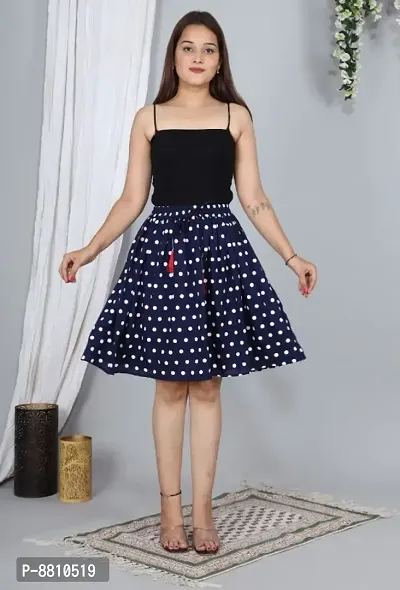 Trendy Rayon Navy Blue Polka Print Mini Skirt For Women-thumb0