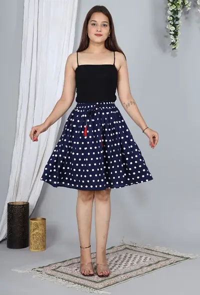 Trendy Rayon Navy Blue Polka Print Mini Skirt For Women