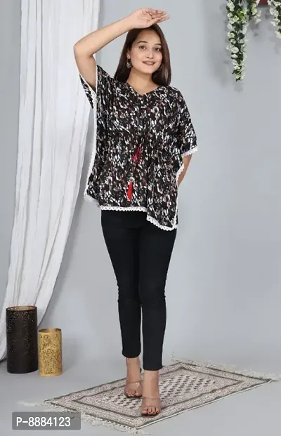 Trendy Cotton Brown V Neck Kaftan Style Printed Top For Women