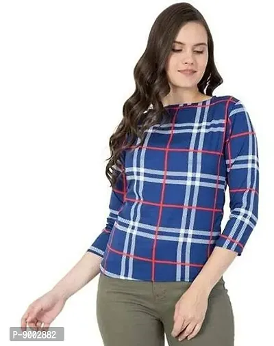 Elegant Blue Crepe Checked Tops For Women-thumb0