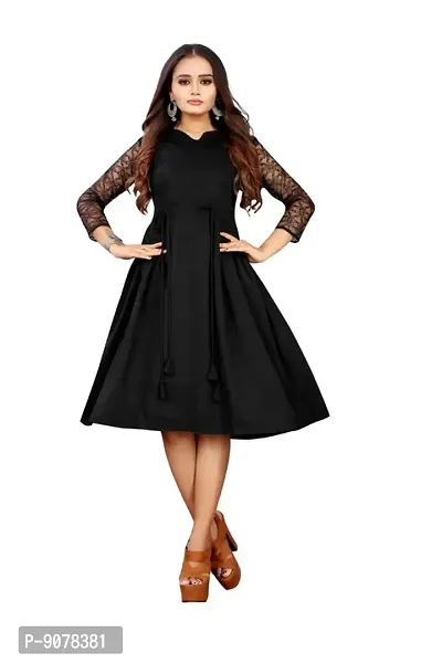 Stylish Fancy American Crepe Applique Round Neck 3/4th Sleeve Fit And Flare Dresses For Women-thumb0