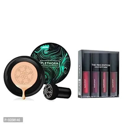 3 In 1 Air Cushion CC And BB Cream Waterproof Foundation 4 Pcs With Red Edition Liquid Lipstick, Pack Of 2