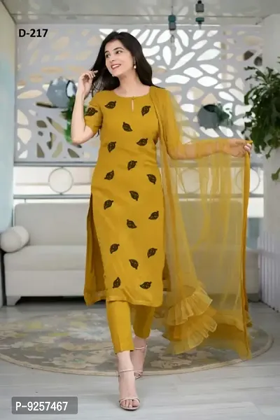 Stylish Fancy Rayon Yellow Patchwork Maxi Kurta With Bottom Wear And Dupatta Set For Women-thumb0