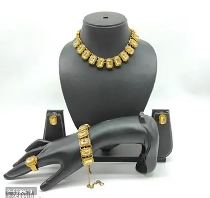 Beautiful Golden Alloy Kundan Choker Necklace Jewellery Set For Women-thumb0