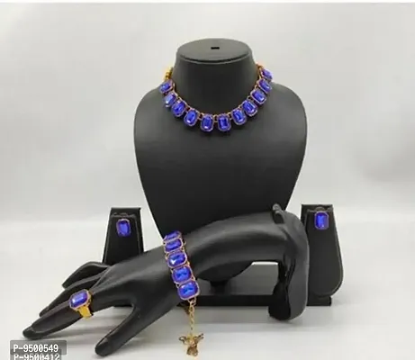 Beautiful Blue Alloy Kundan Choker Necklace Jewellery Set For Women-thumb0