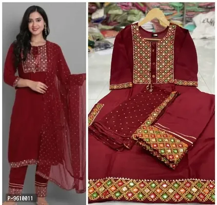 Beautiful Rayon Embroidery Kurta, Bottom and Dupatta Set For Women