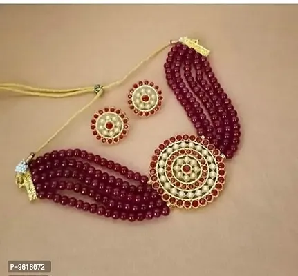 Sizzling Maroon Alloy Necklace With Earrings Jewellery Set For Women