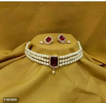 Elegant Maroon Alloy Choker Necklace With Earrings Jewellery Set For Women