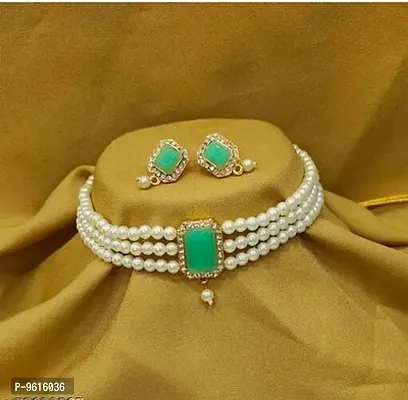 Elegant Green Alloy Choker Necklace With Earrings Jewellery Set For Women-thumb0