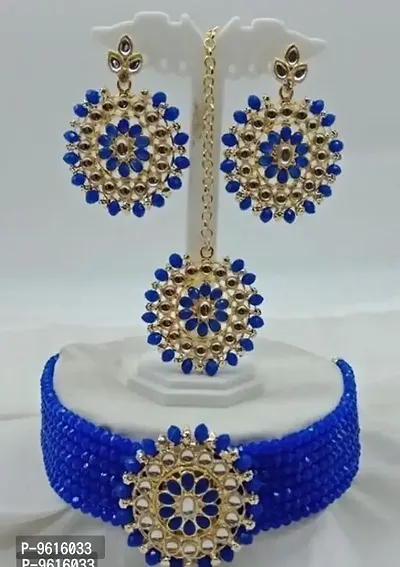 Elegant Blue Alloy Choker Necklace Maangtika With Earrings Jewellery Set For Women