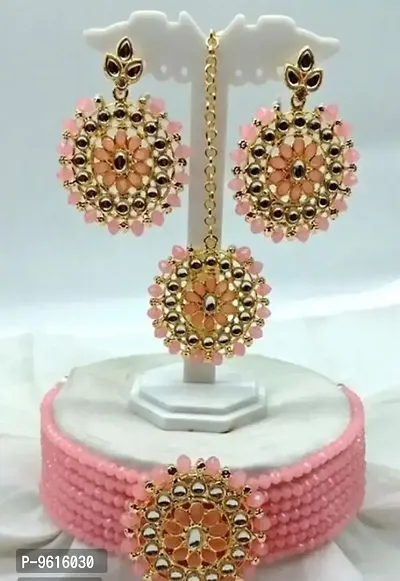 Elegant Pink Alloy Choker Necklace Maangtika With Earrings Jewellery Set For Women