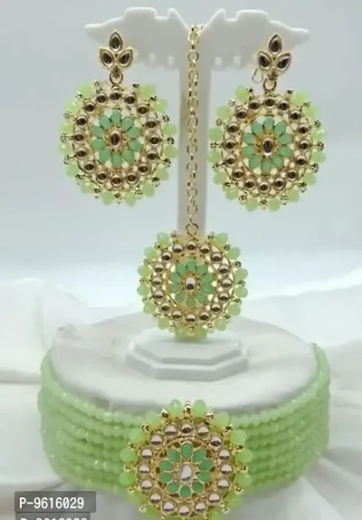 Elegant Green Alloy Choker Necklace Maangtika With Earrings Jewellery Set For Women