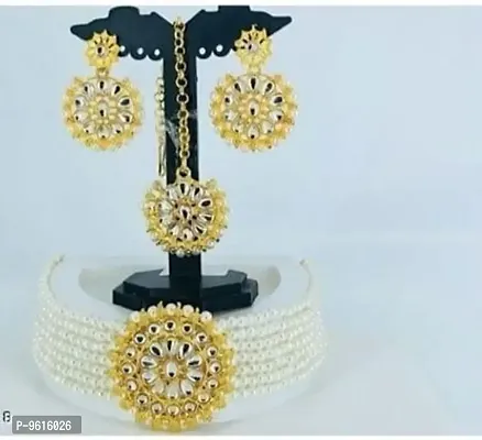 Elegant White Alloy Choker Necklace Maangtika With Earrings Jewellery Set For Women-thumb0