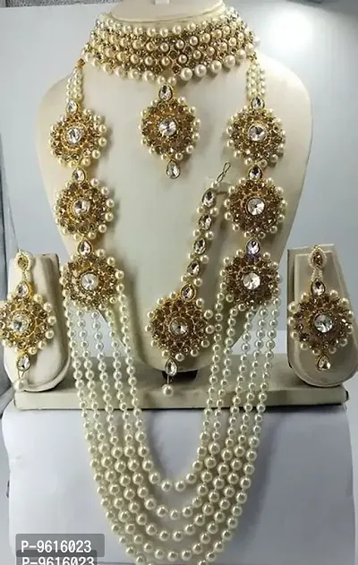 Traditional White Alloy Necklace Maangtika With Earrings Jewellery Set For Women-thumb0