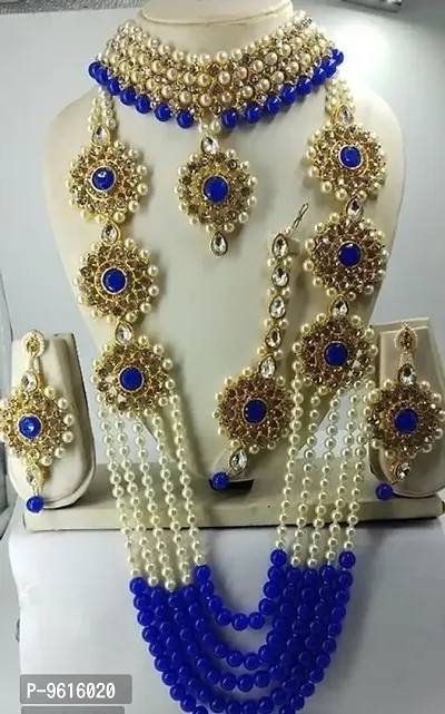 Traditional Blue Alloy Necklace Maangtika With Earrings Jewellery Set For Women-thumb0