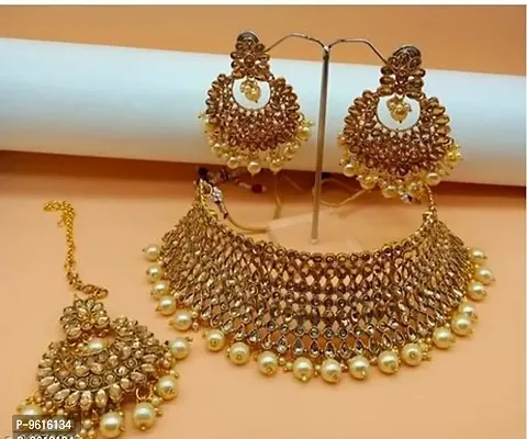 Traditional White Alloy Necklace Maangtika With Earrings Jewellery Set For Women