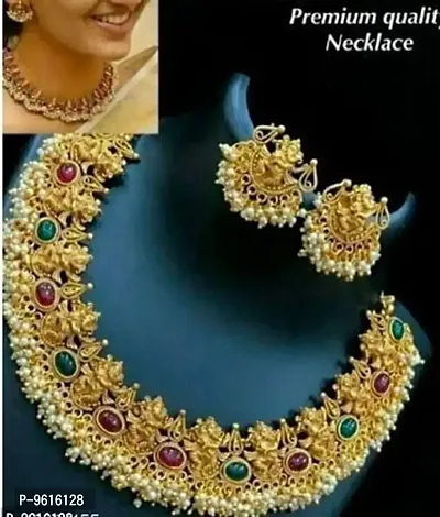 Traditional Golden Alloy Necklace With Earrings Jewellery Set For Women