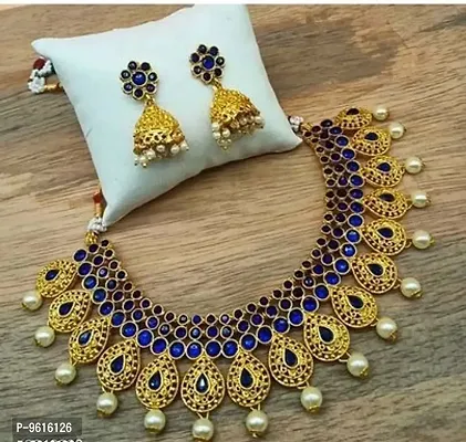 Traditional Blue Alloy Necklace With Earrings Jewellery Set For Women