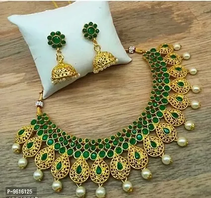 Traditional Green Alloy Necklace With Earrings Jewellery Set For Women