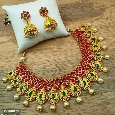 Traditional Golden Alloy Necklace With Earrings Jewellery Set For Women-thumb0