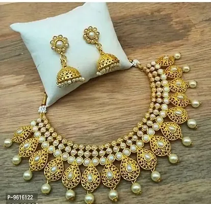 Traditional White Alloy Necklace With Earrings Jewellery Set For Women