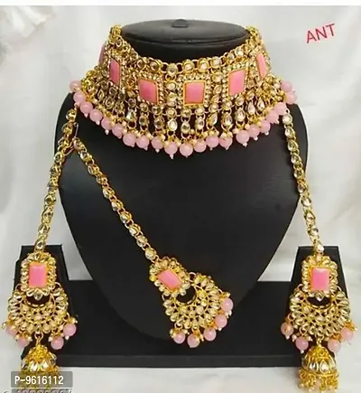 Authentic Pink Alloy Necklace Maangtika With Earrings Jewellery Set For Women-thumb0