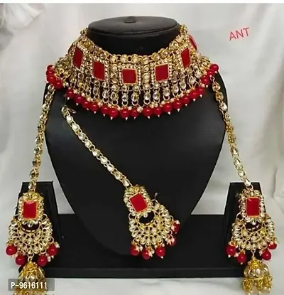 Authentic Red Alloy Necklace Maangtika With Earrings Jewellery Set For Women-thumb0