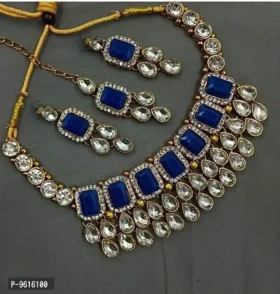 Authentic Blue Alloy Necklace Maangtika With Earrings Jewellery Set For Women-thumb0