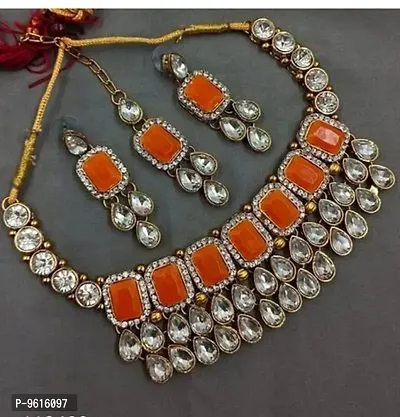 Authentic Orange Alloy Necklace Maangtika With Earrings Jewellery Set For Women