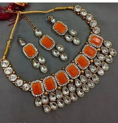 Authentic Alloy Necklace Maangtika With Earrings Jewellery Set For Women